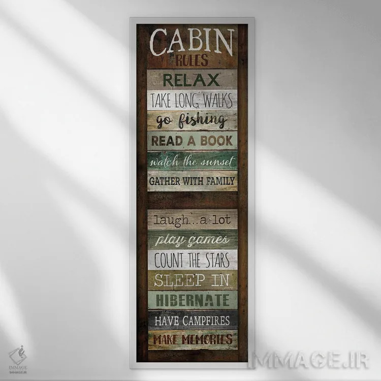 تابلو دکوراتیو قوانین کلبه اثر مارلا ری - نمای قابدار سفید