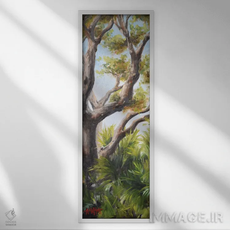 تابلو دکوراتیو نخل ها زیر سایه بلوط اثر آپریل موفات - نمای قابدار سفید