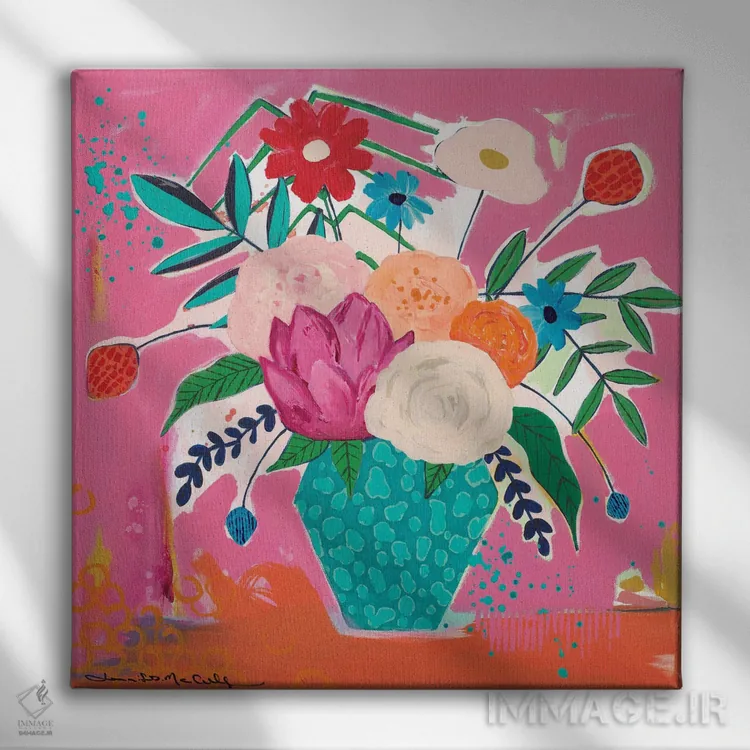 تابلو دکوراتیو گلدان چیتای سبزآبی اثر جنیفر مک کالی - نمای روبهرو روی دیوار