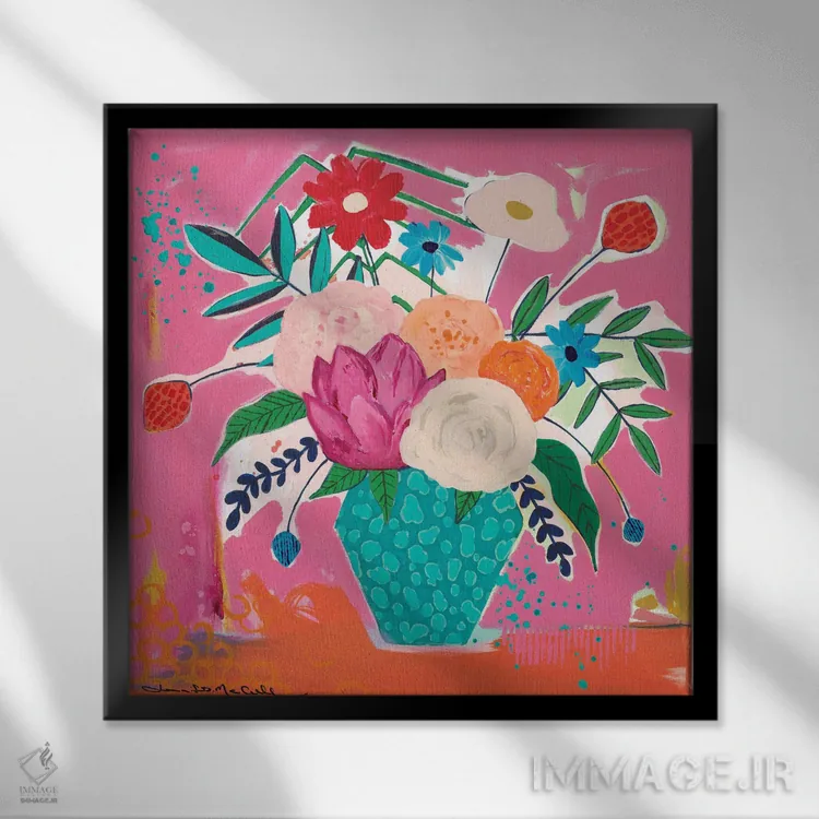 تابلو دکوراتیو گلدان چیتای سبزآبی اثر جنیفر مک کالی - نمای قابدار مشکی