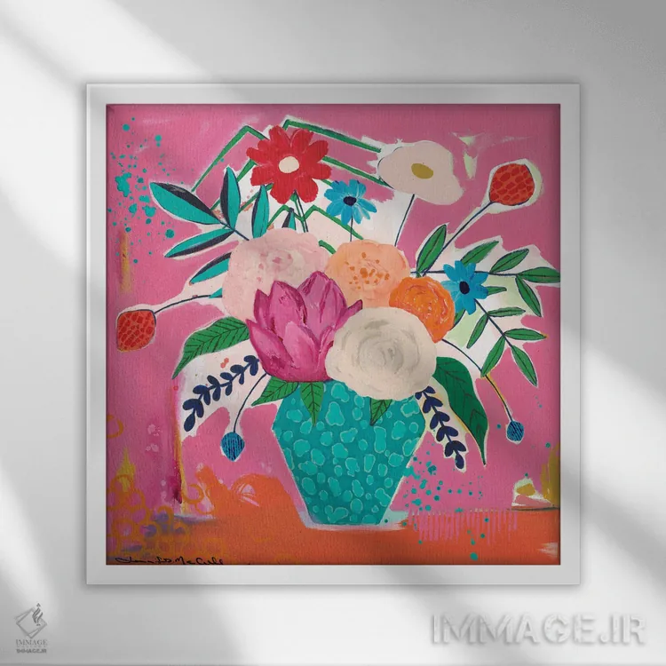 تابلو دکوراتیو گلدان چیتای سبزآبی اثر جنیفر مک کالی - نمای قابدار سفید