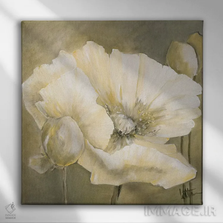 تابلو دکوراتیو شقایق سفید ۲ اثر جتی روزبوم - نمای روبهرو روی دیوار