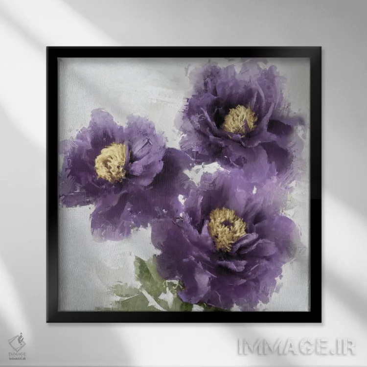 تابلو دکوراتیو شکوفه بنفش ۲ اثر جسی استیونس - نمای قابدار مشکی