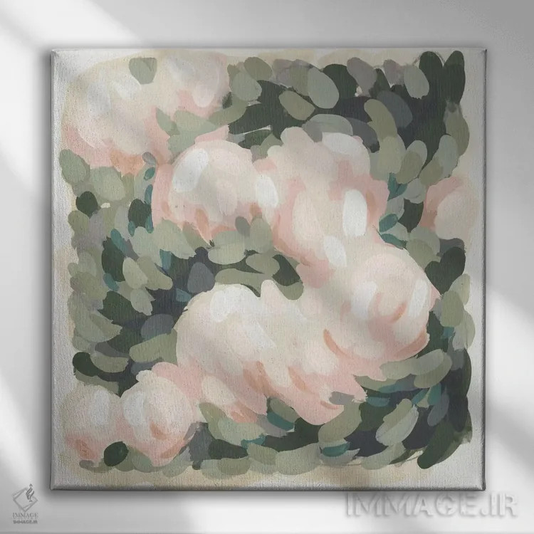 تابلو انتزاعی صورتی پاستلی و سبز سلادون ۱ اثر جون اریکا وس - نمای روبهرو روی دیوار