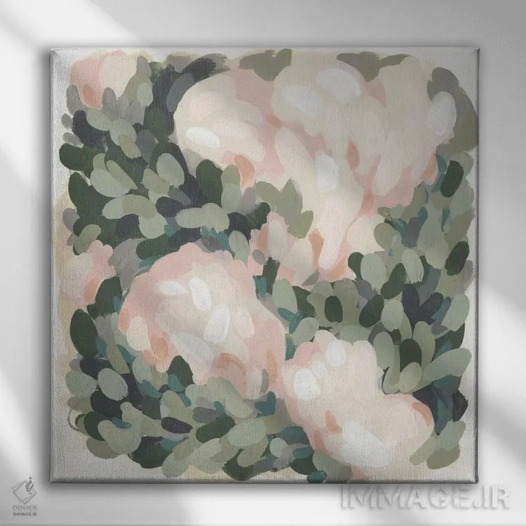 تابلو انتزاعی صورتی پاستلی و سبز سلادون ۲ اثر جون اریکا وس - نمای روبهرو روی دیوار