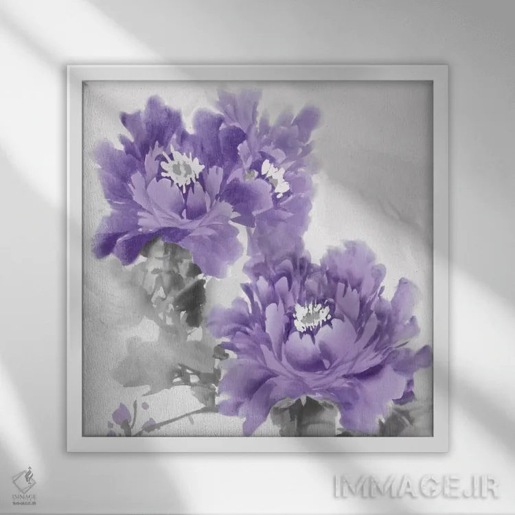 تابلو دکوراتیو شکوفه گل در آمتیست ۱ اثر جسی استیونس - نمای قابدار سفید
