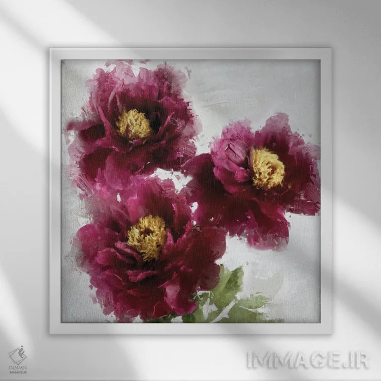 تابلو دکوراتیو شکوفه زرشکی ۱ اثر جسی استیونس - نمای قابدار سفید