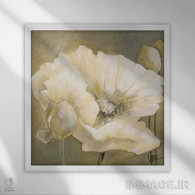 تابلو دکوراتیو شقایق سفید ۲ اثر جتی روزبوم - نمای قابدار سفید