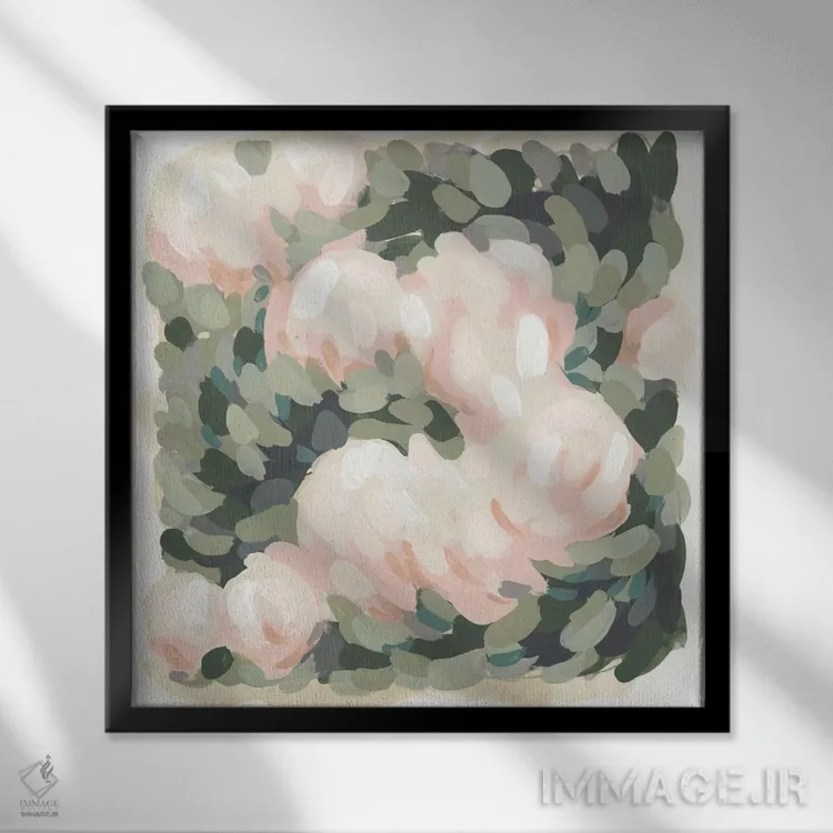 تابلو انتزاعی صورتی پاستلی و سبز سلادون ۱ اثر جون اریکا وس - نمای قابدار مشکی