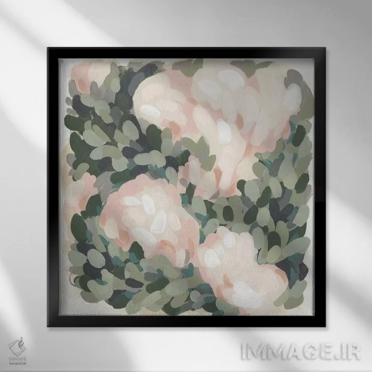 تابلو انتزاعی صورتی پاستلی و سبز سلادون ۲ اثر جون اریکا وس - نمای قابدار مشکی