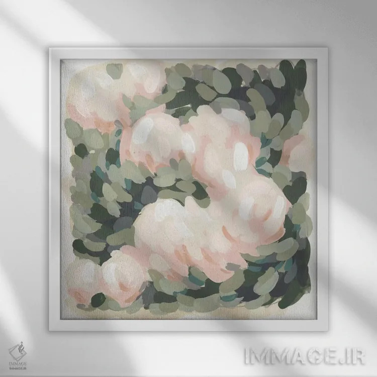 تابلو انتزاعی صورتی پاستلی و سبز سلادون ۱ اثر جون اریکا وس - نمای قابدار سفید