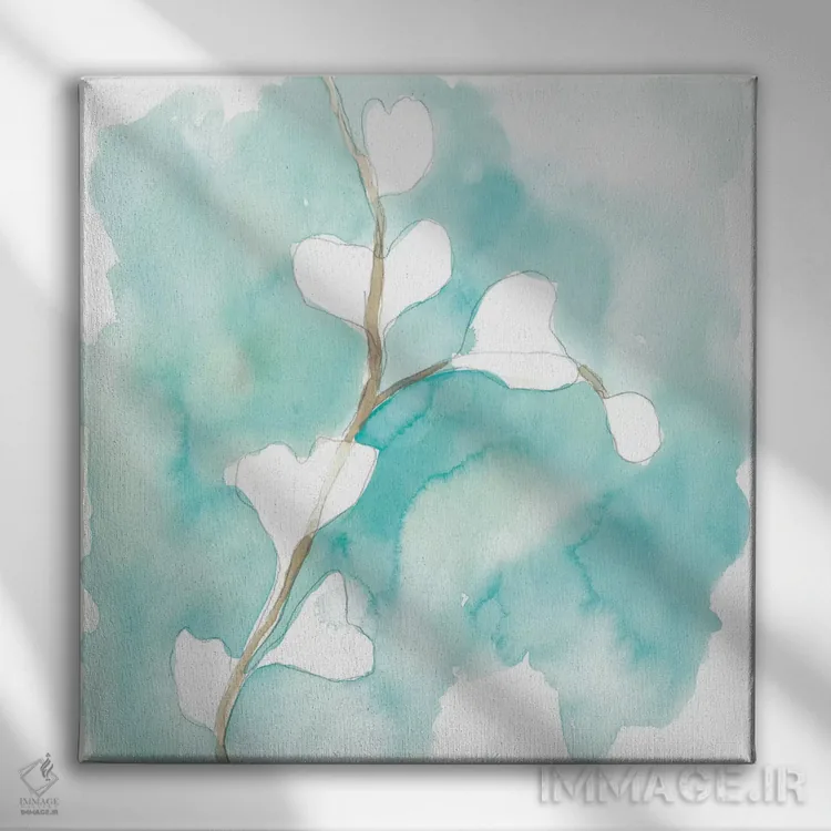 تابلو مینیمال گینکوی سبزآبی و اخرایی ۷ اثر جون اریکا وس - نمای روبهرو روی دیوار