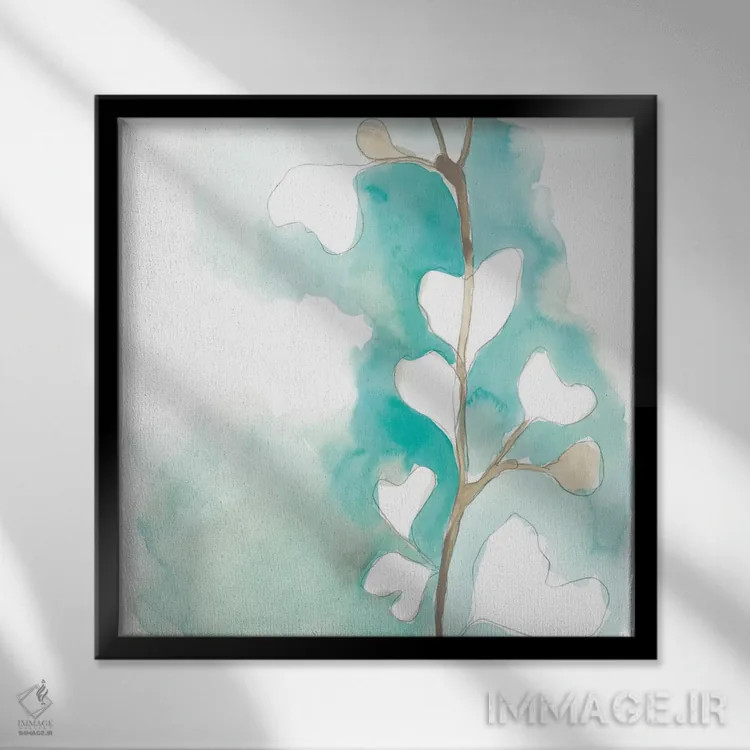 تابلو مینیمال گینکوی سبزآبی و اخرایی ۳ اثر جون اریکا وس - نمای قابدار مشکی