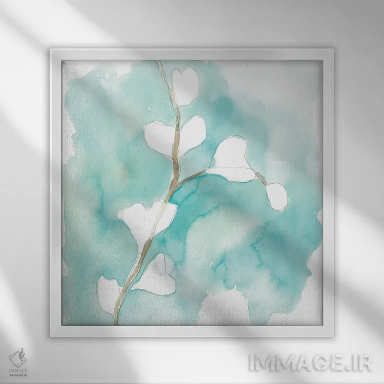 تابلو مینیمال گینکوی سبزآبی و اخرایی ۷ اثر جون اریکا وس - نمای قابدار سفید