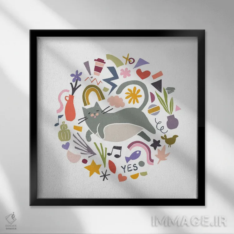 تابلو دکوراتیو گربه های بانمک ۳ اثر جون اریکا وس - نمای قابدار مشکی