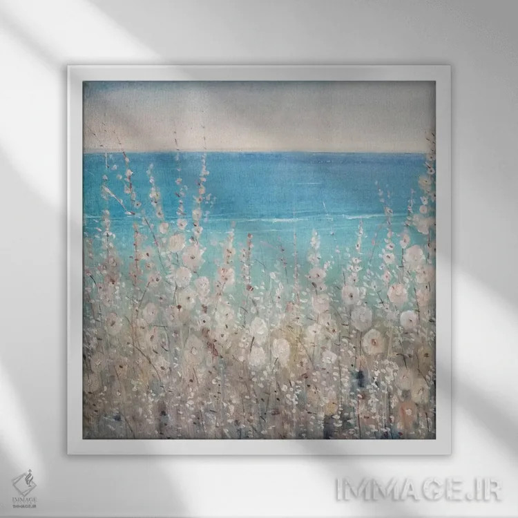 تابلو دکوراتیو گل ها کنار دریا ۲ اثر تیم اوتول - نمای قابدار سفید
