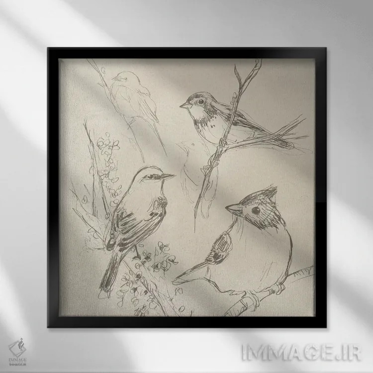 تابلو مدرن طرح پرنده آوازخوان قدیمی یکم اثر جون اریکا وس - نمای قابدار مشکی