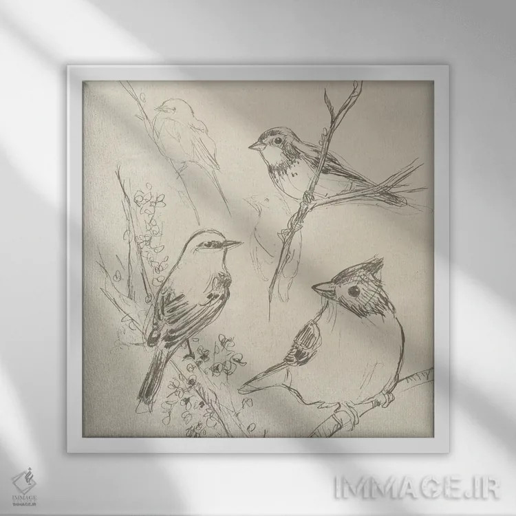 تابلو مدرن طرح پرنده آوازخوان قدیمی یکم اثر جون اریکا وس - نمای قابدار سفید