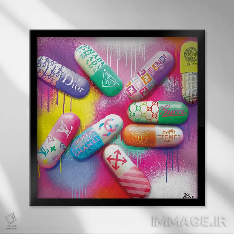 تابلو دکوراتیو قرص های طراحانه اثر جسیکا استمپل - نمای قابدار مشکی