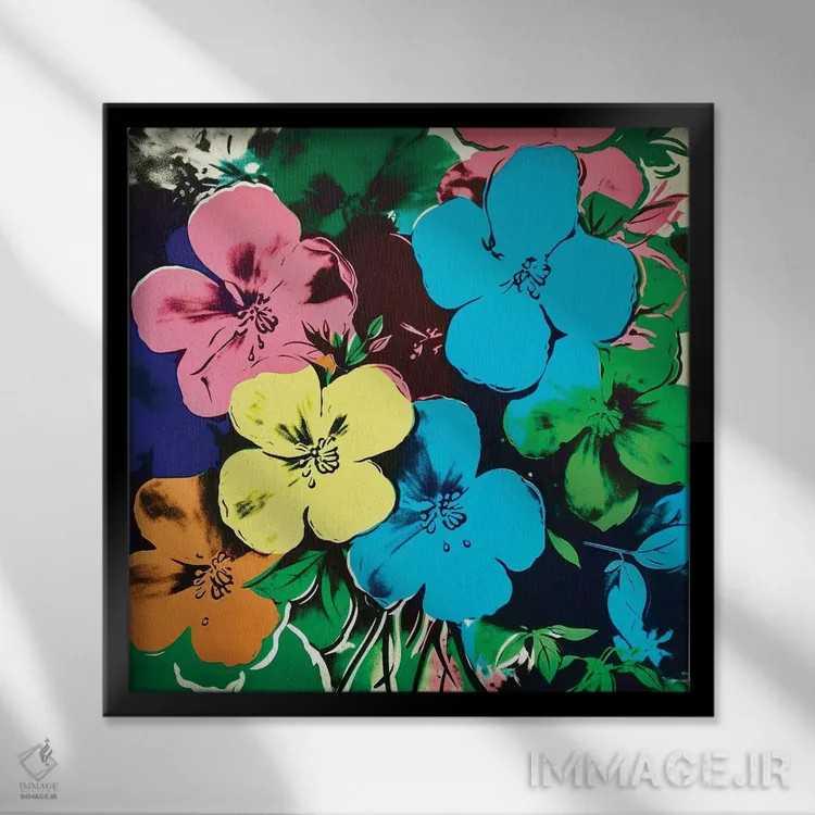 تابلو دکوراتیو گل های الهام گرفته از اندی وارهول اثر جسیکا استمپل - نمای قابدار مشکی
