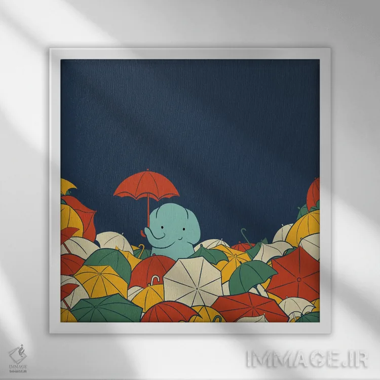 تابلو دکوراتیو فیل با چتر اثر جی فلک - نمای قابدار سفید