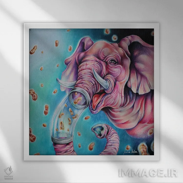 تابلو دکوراتیو فیل صورتی اثر جیمی فوربز - نمای قابدار سفید