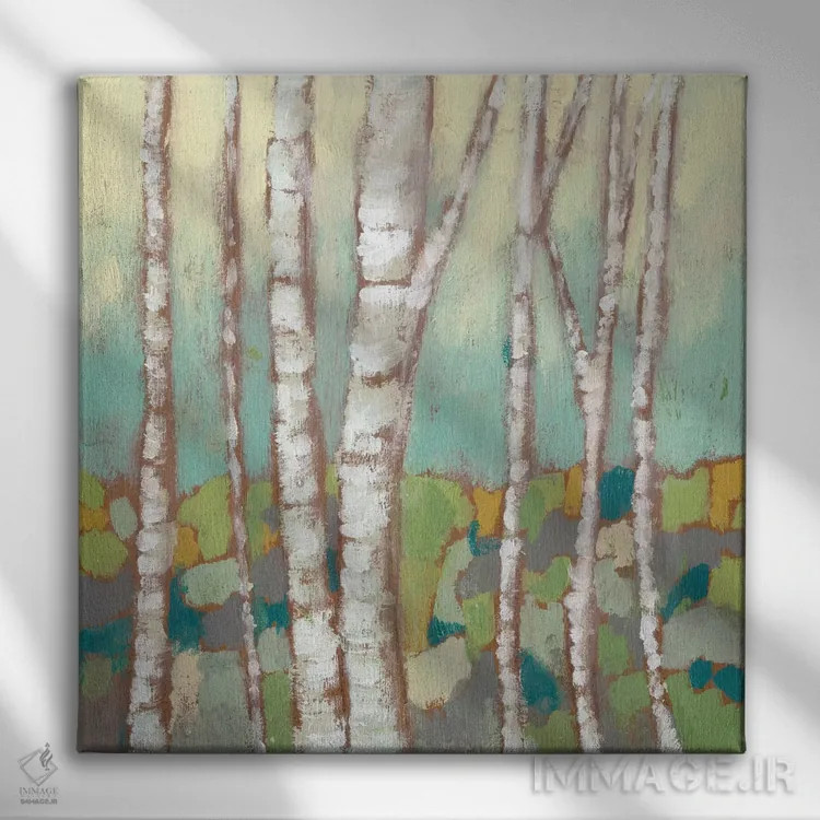 تابلو دکوراتیو تنه های درخت توس چندرنگ II اثر جنیفر گلدبرگر - نمای روبهرو روی دیوار