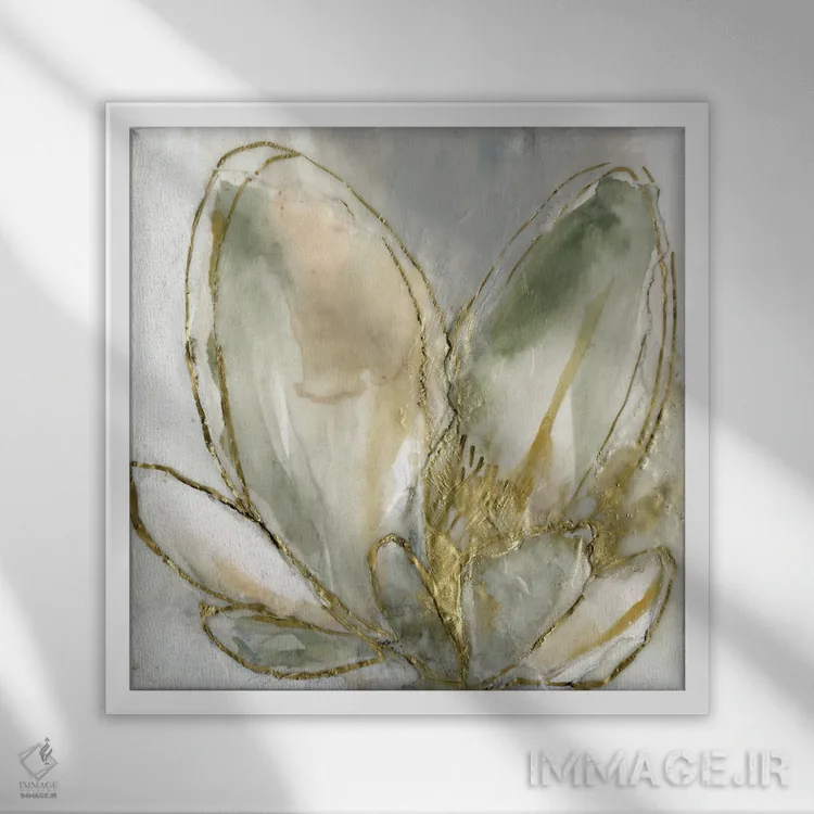 تابلو انتزاعی طلای شکوفا I اثر جنیفر گلدبرگر - نمای قابدار سفید