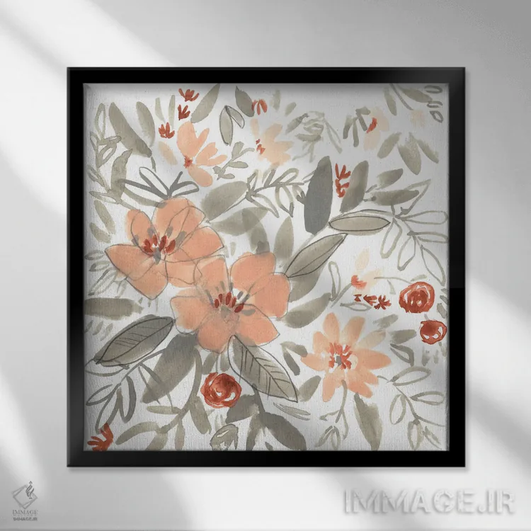 تابلو دکوراتیو شکوفه های هلو و زنگ زده I اثر جنیفر گلدبرگر - نمای قابدار مشکی