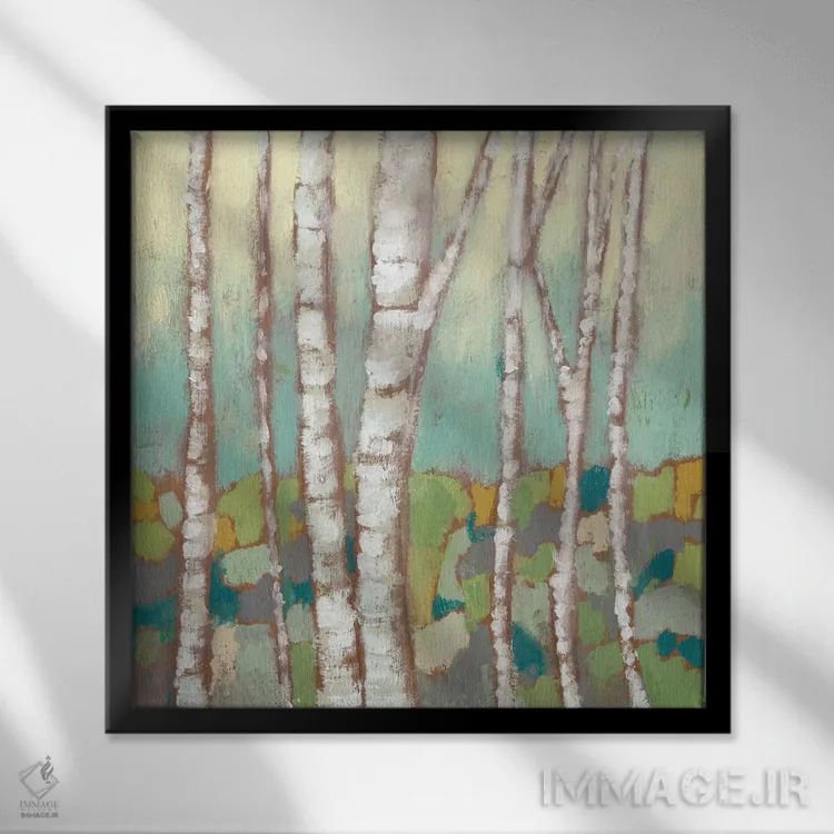 تابلو دکوراتیو تنه های درخت توس چندرنگ II اثر جنیفر گلدبرگر - نمای قابدار مشکی