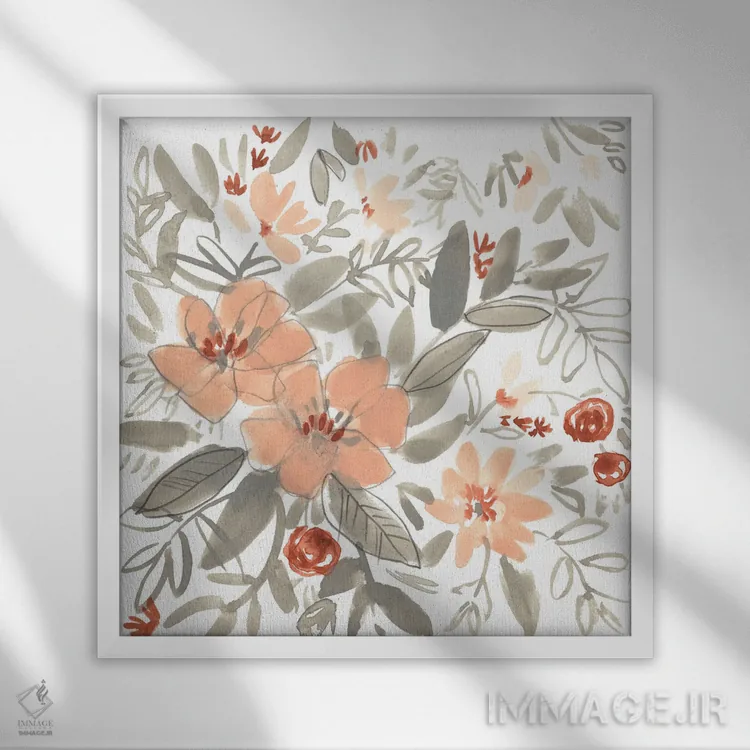 تابلو دکوراتیو شکوفه های هلو و زنگ زده I اثر جنیفر گلدبرگر - نمای قابدار سفید