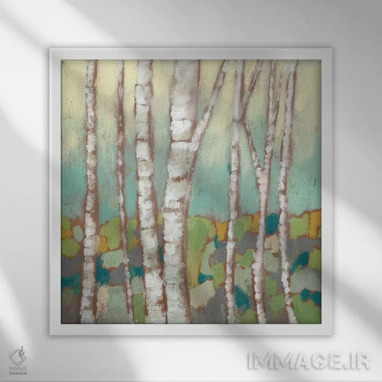 تابلو دکوراتیو تنه های درخت توس چندرنگ II اثر جنیفر گلدبرگر - نمای قابدار سفید