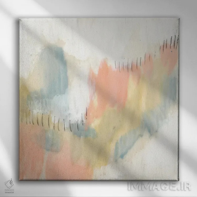 تابلو انتزاعی پاستل های دوخته شده I اثر جنیفر گلدبرگر - نمای روبهرو روی دیوار