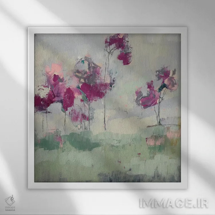 تابلو انتزاعی خط درختان فوشیا I اثر جنیفر گلدبرگر - نمای قابدار سفید