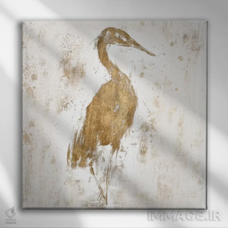 تابلو دکوراتیو حواصیل طلایی I اثر جنیفر گلدبرگر - نمای روبهرو روی دیوار