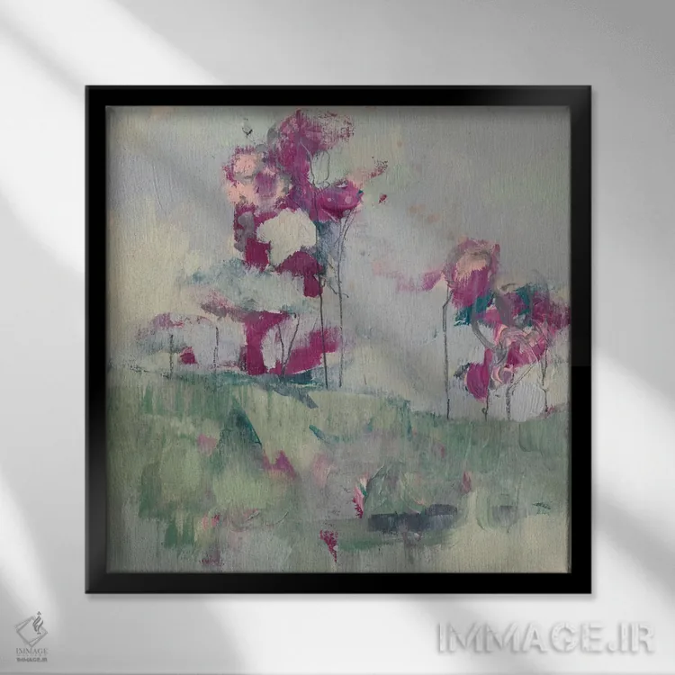 تابلو انتزاعی خط درختان فوشیا II اثر جنیفر گلدبرگر - نمای قابدار مشکی