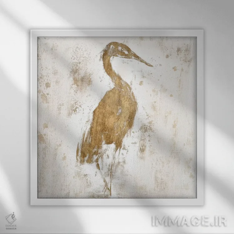 تابلو دکوراتیو حواصیل طلایی I اثر جنیفر گلدبرگر - نمای قابدار سفید