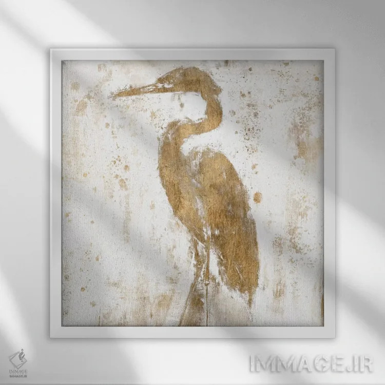 تابلو دکوراتیو حواصیل طلایی II اثر جنیفر گلدبرگر - نمای قابدار سفید