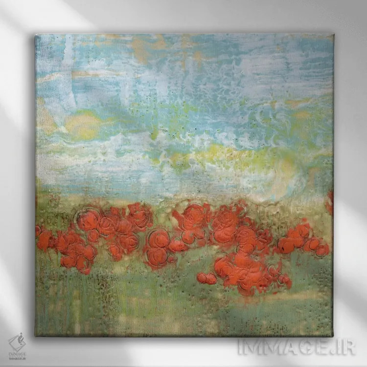 تابلو انتزاعی شقایق های مرجانی II اثر جنیفر گلدبرگر - نمای روبهرو روی دیوار