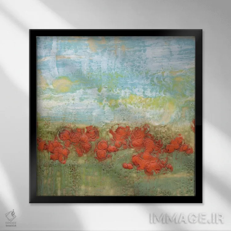 تابلو انتزاعی شقایق های مرجانی II اثر جنیفر گلدبرگر - نمای قابدار مشکی