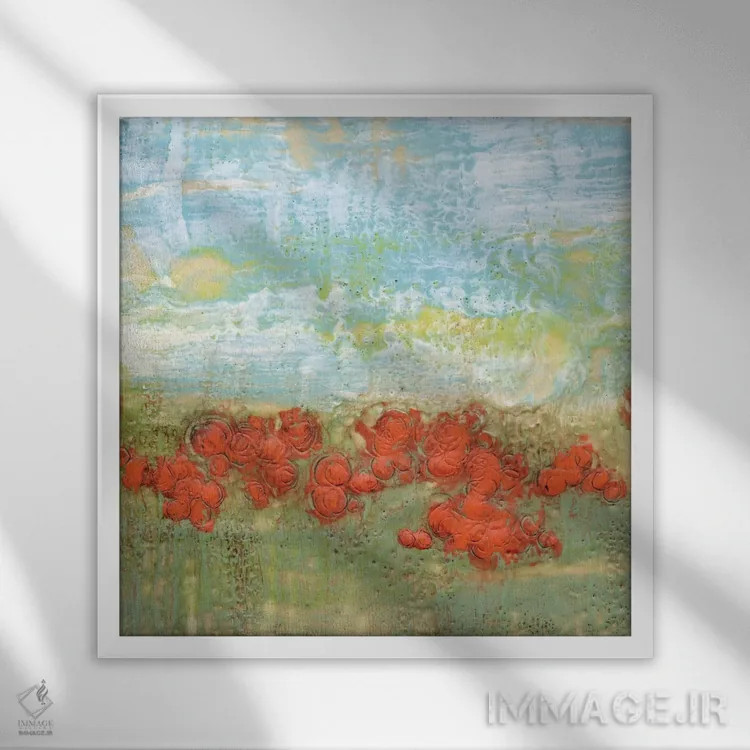 تابلو انتزاعی شقایق های مرجانی II اثر جنیفر گلدبرگر - نمای قابدار سفید