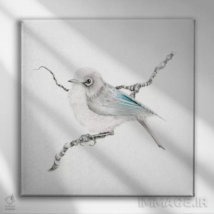 تابلو دکوراتیو فنچ فیروزه ای کوچک اثر جوانا هابر - نمای روبهرو روی دیوار