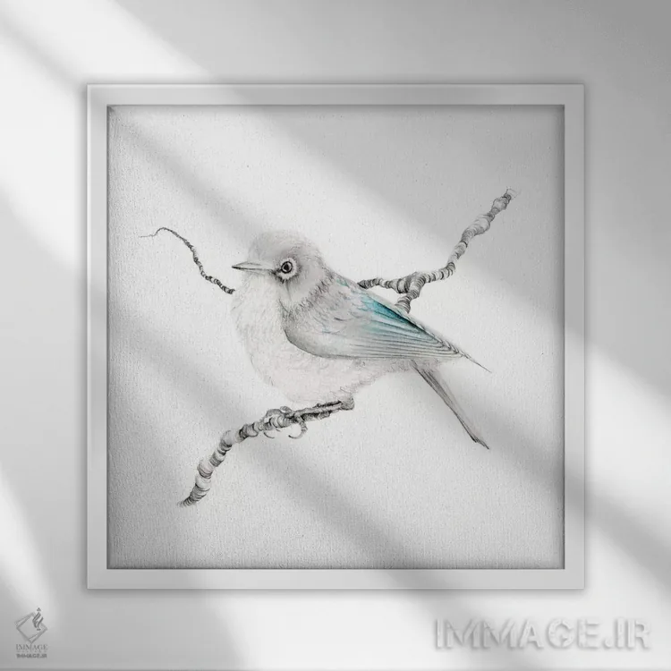 تابلو دکوراتیو فنچ فیروزه ای کوچک اثر جوانا هابر - نمای قابدار سفید