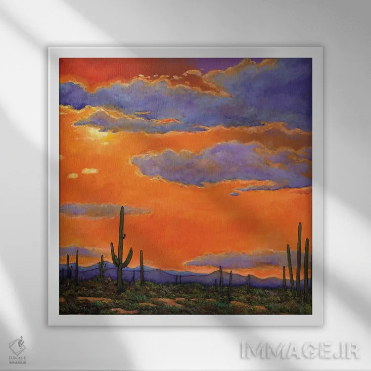 تابلو دکوراتیو غروب کاکتوس ساگوارو اثر جاناتان هریس - نمای قابدار سفید