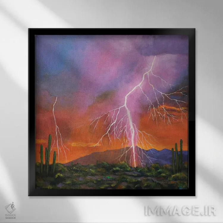 تابلو دکوراتیو آتش در آسمان اثر جاناتان هریس - نمای قابدار مشکی