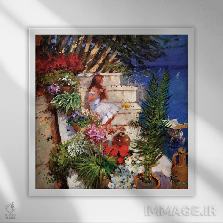 تابلو دکوراتیو تراس مایورکایی اثر جان هاسکینز - نمای قابدار سفید