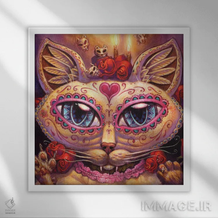 تابلو دکوراتیو گربه روز مردگان اثر جف هینی - نمای قابدار سفید