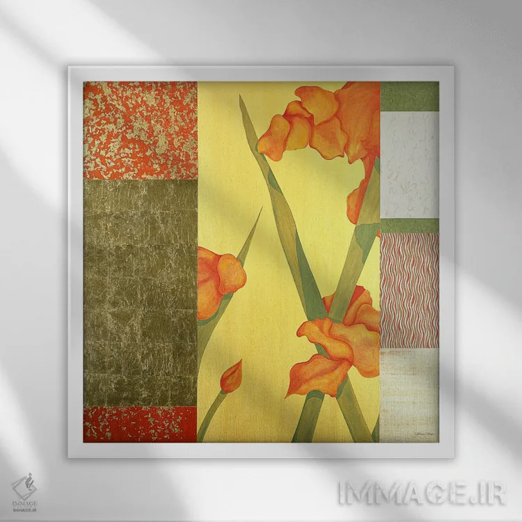 تابلو دکوراتیو باران طلایی و گل I اثر جولیان جانسون - نمای قابدار سفید