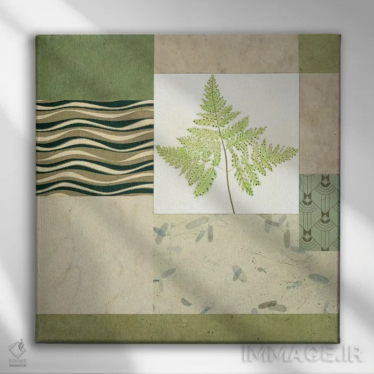 تابلو دکوراتیو پنل کلاژ با سرخس I اثر جولیان جانسون - نمای روبهرو روی دیوار