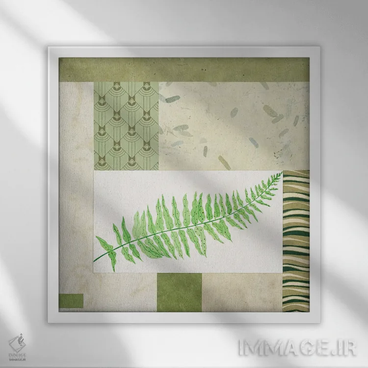 تابلو دکوراتیو پنل کلاژ با سرخس II اثر جولیان جانسون - نمای قابدار سفید